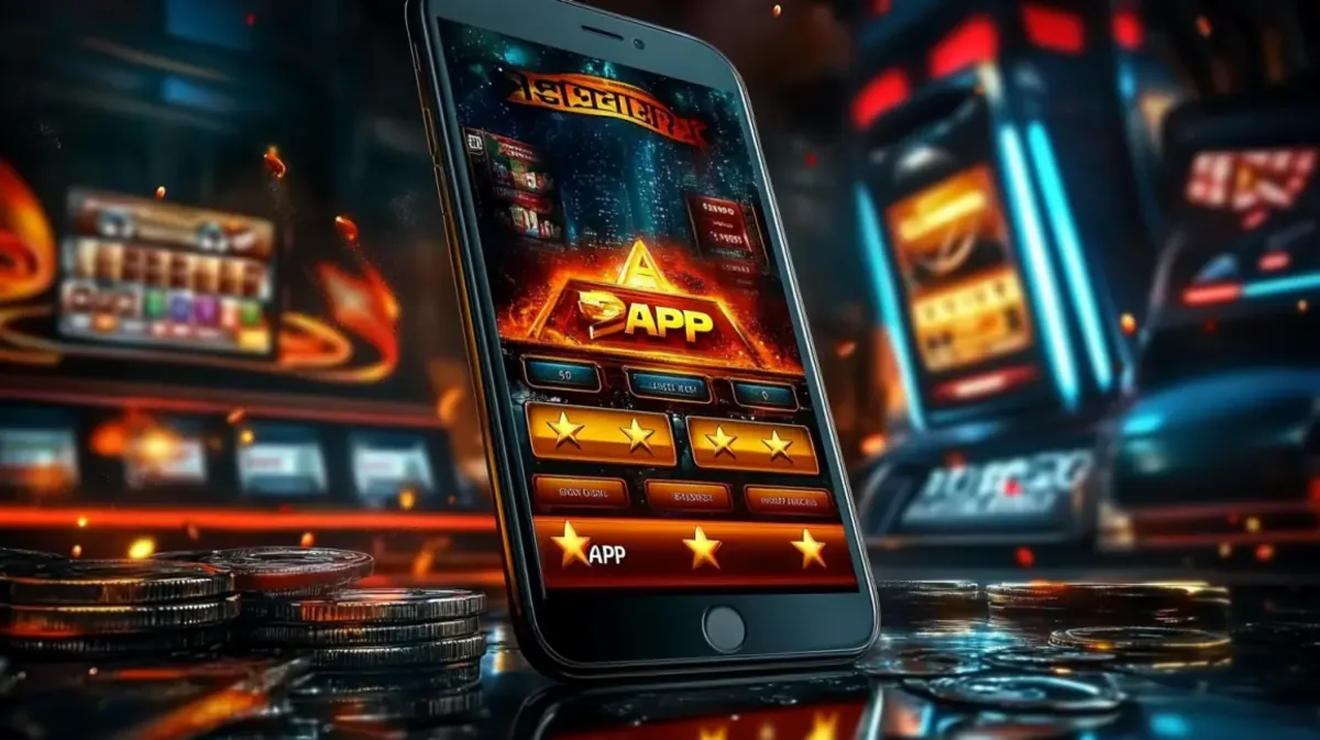 ak44 গেমিং প্ল্যাটফর্ম অ্যাপটি একটি স্মার্টফোনে প্রদর্শিত হচ্ছে, যেখানে জ্বলন্ত আর্কেড গেমের পটভূমি ও একটি উচ্চ-প্রযুক্ত শহরের দৃশ্যের পাশে একটি তারা-রেটেড ইন্টারফেস দেখা যায়।