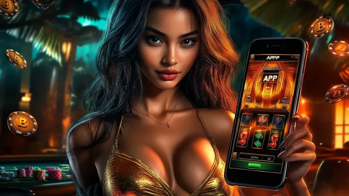 একটি সুন্দর নারী সোনালি টপ পরে ak44 অ্যাপটি তার ফোনে ধরেছেন, সমৃদ্ধ উষ্ণ-আবহাওয়ায় একটি ট Tropic্যাল গেমিং প্ল্যাটফর্ম সেটিং-এ। ভাসমান বিটকয়েন চিপস এতে বৈচিত্র্যময় ও রোমাঞ্চকর পরিবেশ যোগ করেছে।