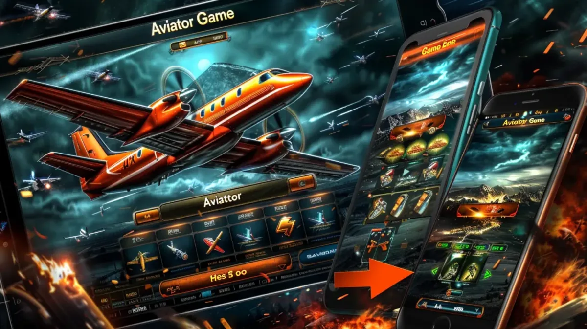 ak44 অ্যাভিয়েটর গেমটি ট্যাবলেট ও ফোনে প্রদর্শিত হচ্ছে। কেন্দ্রে একটি কমলা রঙের বিমানটি প্রধান ফোকাস হিসেবে দেখা যায়, আর চারপাশে ভবিষ্যৎ-সাই-ফাই পরিবেশে বিভিন্ন গেম স্ক্রিন প্রদর্শিত হচ্ছে।