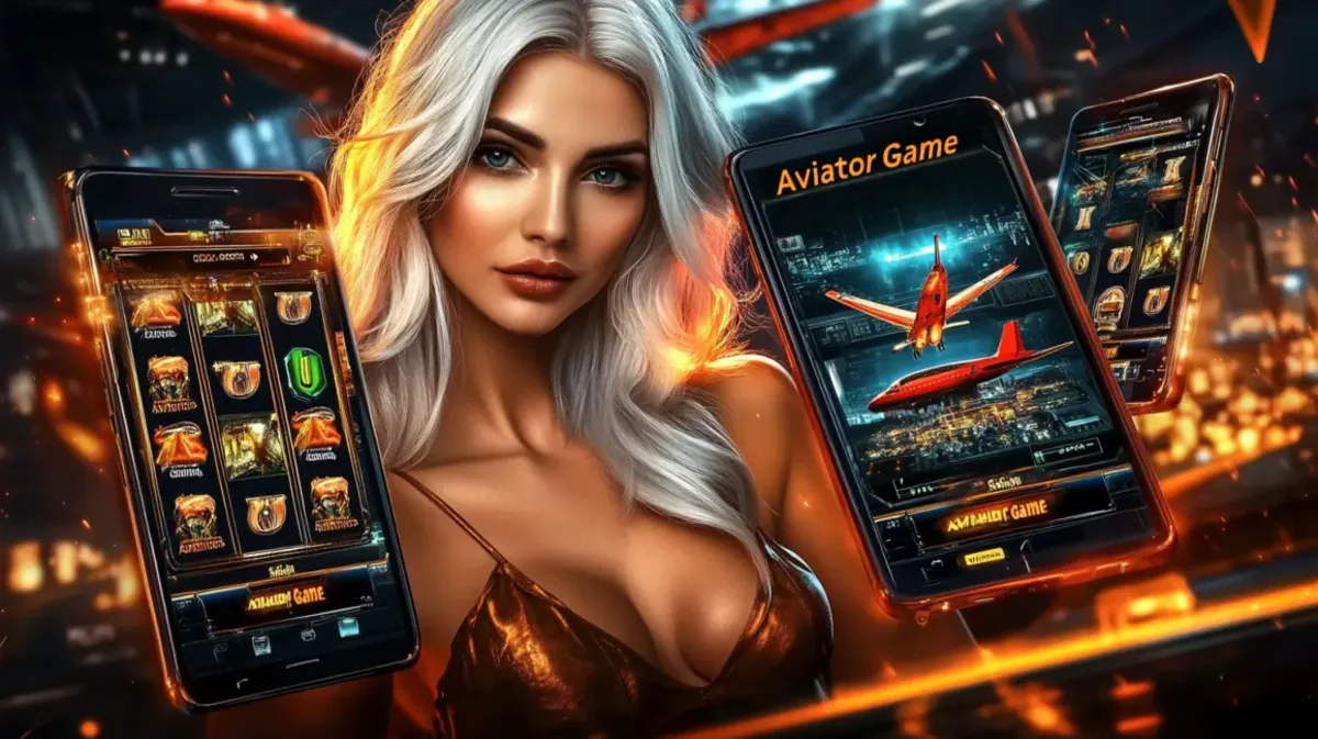 ak44 এ অ্যাভিয়েটর গেমের প্রচারণায় এক সুন্দর সোনালি চুলের নারী উপস্থিত, যার চারপাশে একাধিক স্মার্টফোনে গেমটির উত্তেজনাপূর্ণ ইন্টারফেস দেখানো হচ্ছে।