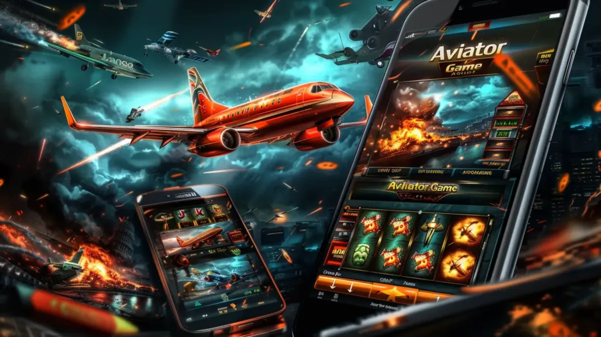 ak44 এর অ্যাকশন-সমৃদ্ধ অ্যাভিয়েটর গেমটি দুইটি মোবাইল ফোনে প্রদর্শিত হচ্ছে, যেখানে একটি বড় লাল যাত্রীবাহী বিমান যুদ্ধ-ধ্বস্ত শহরের ওপর দিয়ে উড়ে যাচ্ছে।