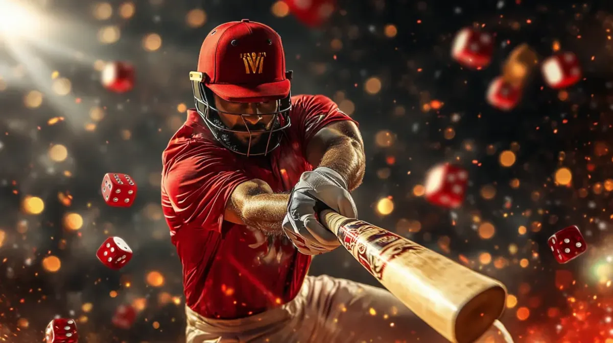 লাল জার্সি পরা এক বেসবল খেলোয়াড় শক্তিশালী মুহূর্তে ব্যাট ঘুরিয়ে নিচ্ছেন, চারপাশে স্ফুলিঙ্ক ছড়িয়ে পড়ছে এবং লাল ডাইস পড়ছে—ak44-এ স্পোর্টস-গেমিং প্রচার করা হচ্ছে।