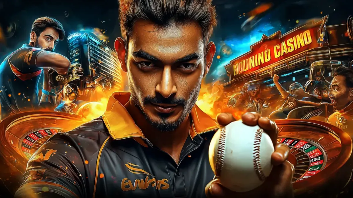 তীব্র মনোযোগী এক ক্রিকেট খেলোয়াড় একটি ক্রিকেট বল ধরে আছেন—একটি জটিল ছবিতে যেখানে স্পোর্টস স্টেডিয়াম ও ak44-র গেমিং প্ল্যাটফর্মের প্রাণবন্ত নিওন-আলোকিত পরিবেশ একত্রিত হয়েছে।