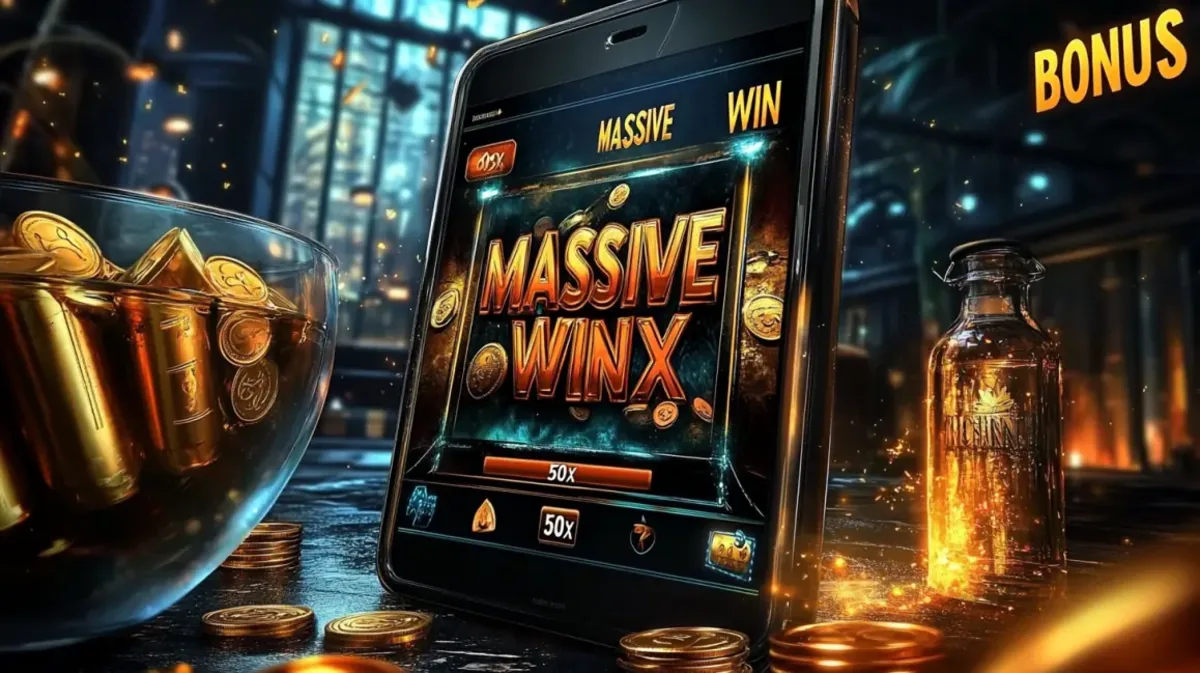 একটি মোবাইল ফোনে ৫০x মাল্টিপ্লায়ারের সঙ্গে একটি বিশাল জয় বোনাস দেখা যাচ্ছে, ak44-এ উপলব্ধ বড় জয়গুলোর প্রচার করছে। দৃশ্যটি একটি শোভাময় বার-এ সেট করা, যেখানে সোনালি গোলাকার বস্তুর একটি বাটি রাখা আছে।