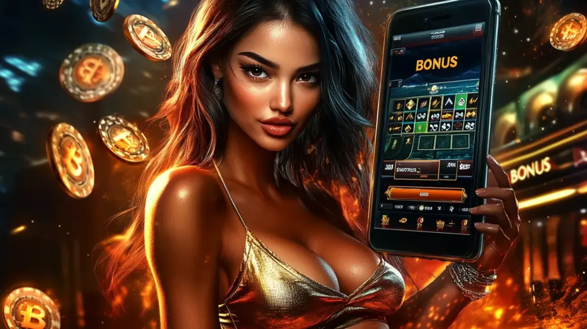 সোনালি টপ পরা এক সুন্দরী নারী একটি স্মার্টফোন ধরে ak44 থেকে একটি বোনাস স্ক্রিন দেখাচ্ছেন। পটভূমি জ্বলন্ত দৃশ্য ও উড়ন্ত বিটকয়েন চিহ্নে ভরা।