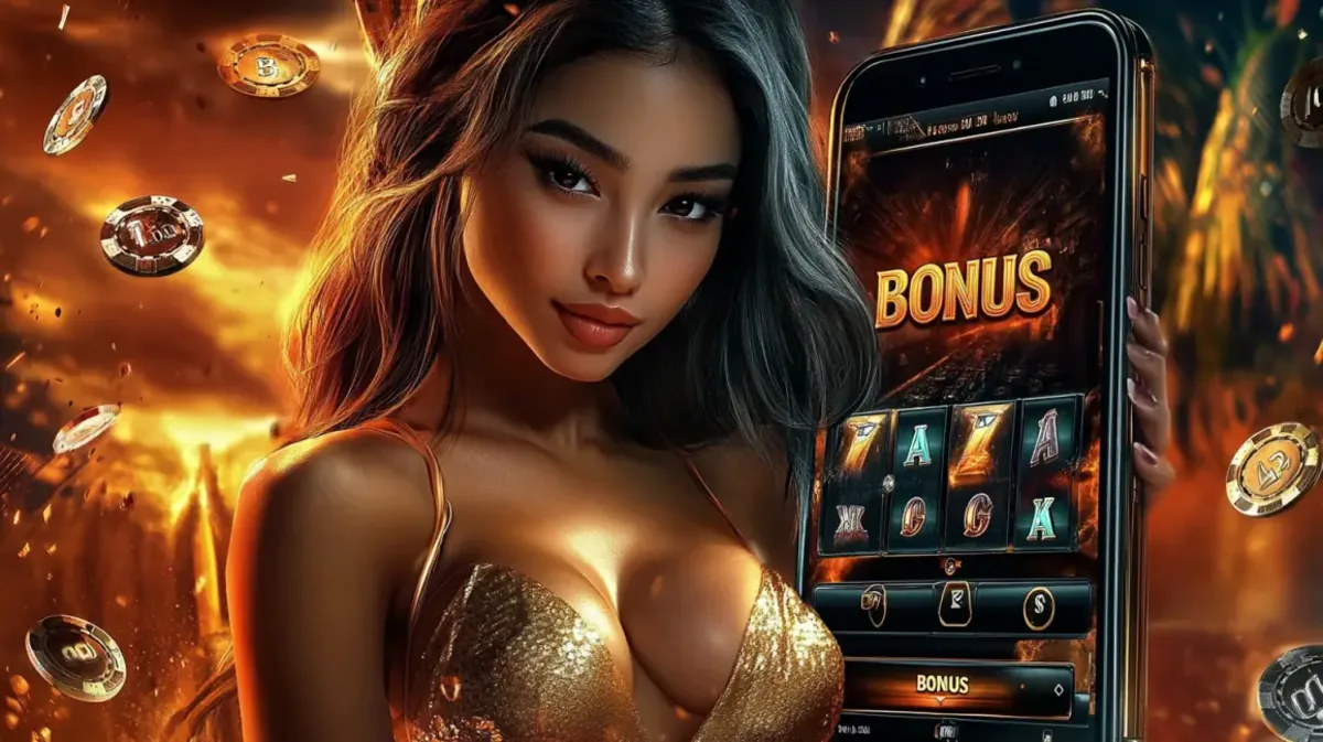 আকর্ষণীয় এক নারী জ্বলজ্বল করা সোনালি পোশাকে একটি স্মার্টফোন উঁচিয়ে ধরে, যাতে বোনাস স্ক্রিন দেখা যায়—ak44-এ তাদের পুরস্কার দাবি করার আহ্বান জানাচ্ছেন।