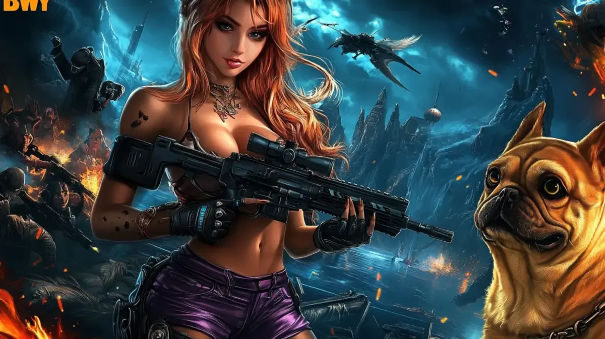 ak44-এর অ্যাকশন-গেম প্রচারণায় স্নাইপার রাইফেলধারী এক কঠোর নারীকে দেখানো হচ্ছে, তিনি একটি ড্রামাটিক, যুদ্ধ-ধ্বস্ত প্রেক্ষাপটে একটি বুলডগটির পাশে দাঁড়িয়ে রয়েছেন।