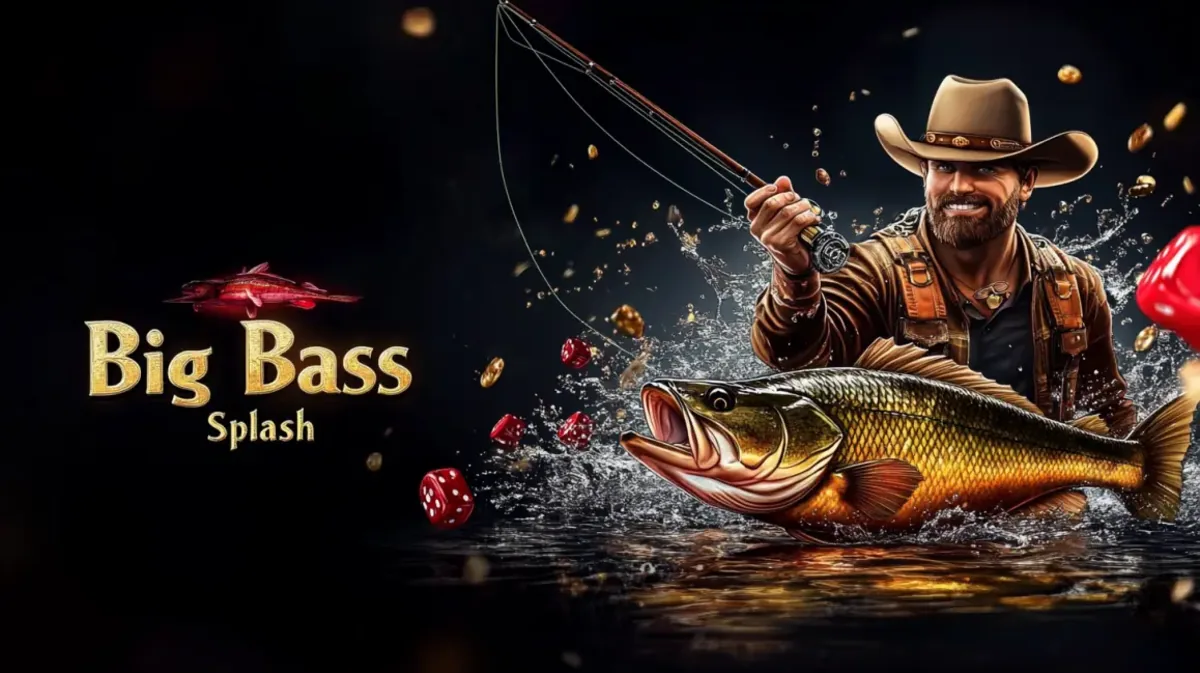 ak44-এ খেলার জন্য উপলব্ধ Big Bass Splash-থিমের এই প্রচারণায়, খুশি একটি জেলে কাউবয় হ্যাট পরে বড় মাছ bass টেনে ধরছেন।