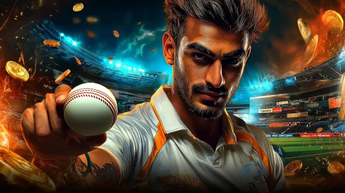 একটি মনোযোগী ও জোরালো পুরুষ ক্রিকেট खिलाड़ी ভিড়ঘেরা স্টেডিয়ামে ক্রিকেট বল উঁচিয়ে ধরেছেন, ak44-এ ক্রিকেট-গেমিংয়ের roমাঞ্চকর জগতকে প্রচার করছে। সোনার মুদ্রা ও আগুন-প্রভাব নাটকীয়তা বাড়ায়।