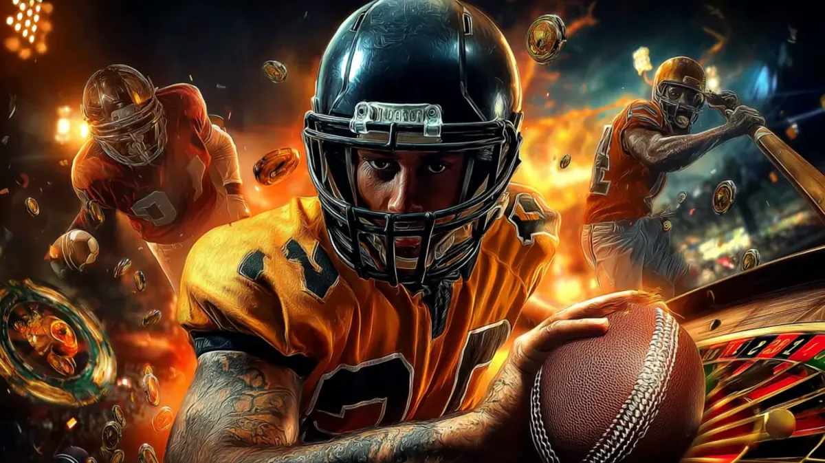ak44-এ স্পোর্টস গেমিংয়ের জন্য একটি গতিবহুল কোলাজ, সামনে একজন আমেরিকান ফুটবল খেলোয়াড় এবং পিছনের দিক থেকে বেসবল ও ফুটবল খেলোয়াড়রা ক্রিয়াশীল অবস্থায় দেখা যাচ্ছে।
