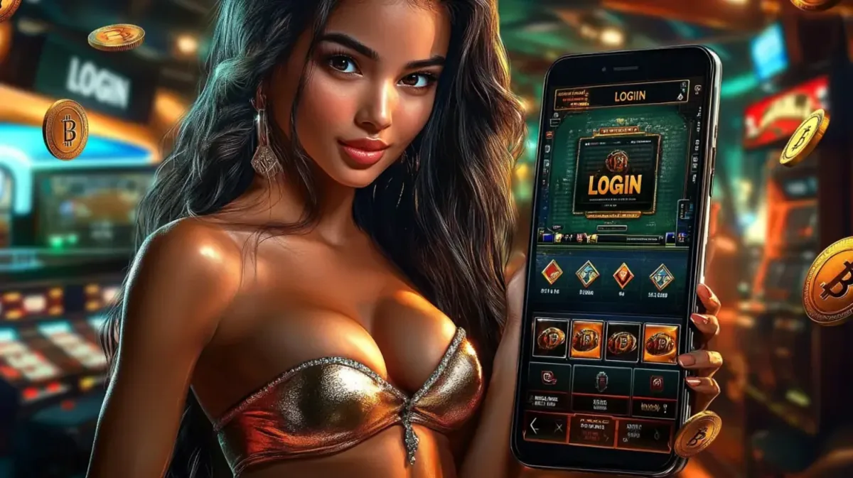 একটি সুন্দর নারী একটি ঝলমলে টপ পরা অবস্থায় একটি স্মার্টফোন ধরে ak44 লগইন স্ক্রিন দেখাচ্ছেন। পটভূমি হলো একটি প্রাণবন্ত গেমিং প্ল্যাটফর্ম যেখানে ভাসমান বিটকয়েন চিহ্নগুলো দেখা যাচ্ছে।