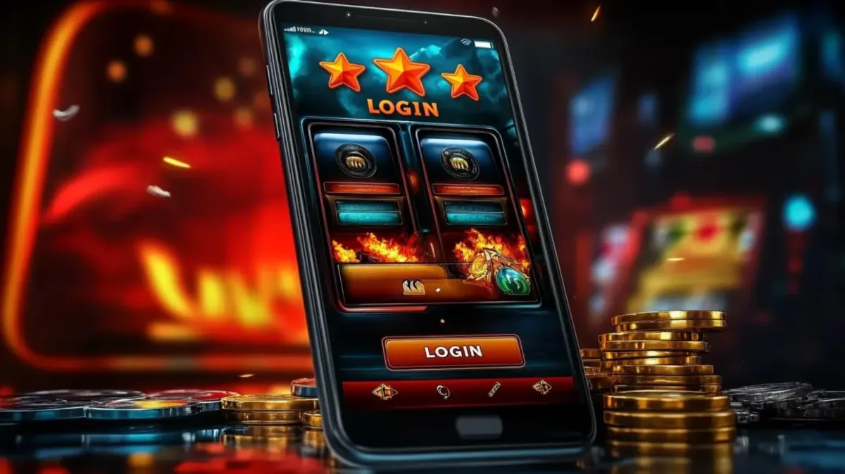 স্বর্ণের মুদ্রার স্তূপগুলোর মাঝে একটি স্মার্টফোন রাখা আছে; ak44 মোবাইল গেমিং অ্যাপে জন্য জ্বলন্ত-রঙিন ও তারকা-রেটেড লগইন স্ক্রিন দেখাচ্ছে, পটভূমি হিসেবে ব্লার করা একটি গেমিং প্ল্যাটফর্ম দৃশ্যমান।