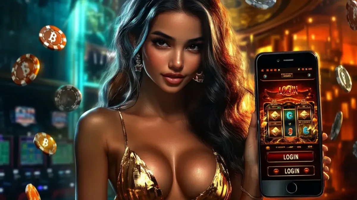 একটি সুন্দর নারী, একটি চকচকে সোনালি টপ পরা, একটি স্মার্টফোন ধরে ak44 লগইন স্ক্রিন দেখাচ্ছেন। ক্রিপ্টো-সমর্থিত অপশনগুলোকে স্পষ্টভাবে তুলে ধরতে প্ল্যাটফর্মে ভাসমান বিটকয়েন চিপগুলো জ্বলজ্বল করছে।